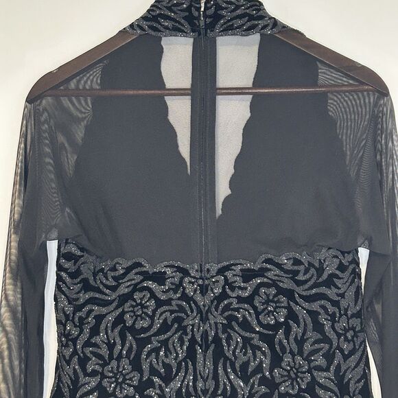 Tadashi Vintage Black Velvet Beaded Formal Top Mesh Sleeves XL Stretch Elegant - Picture 4 of 9